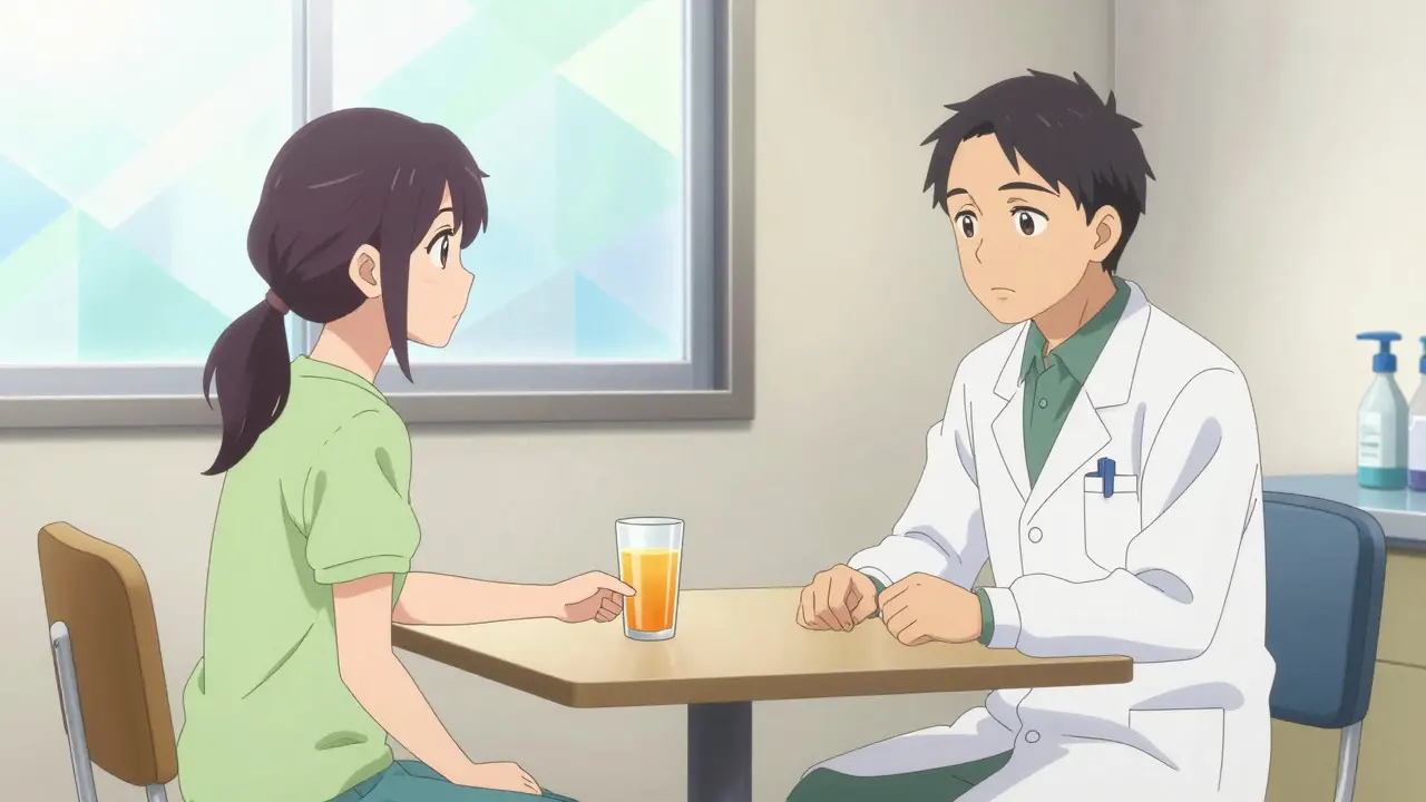 Patient consulting with a doctor about juice and medication safety.