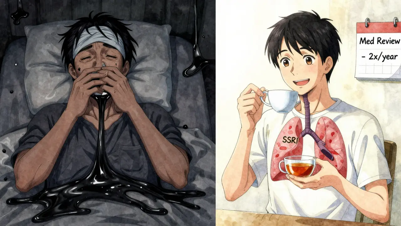 Split scene: a COPD patient struggling with thick mucus on one side, breathing easily with safe meds on the other, symbolizing relief.