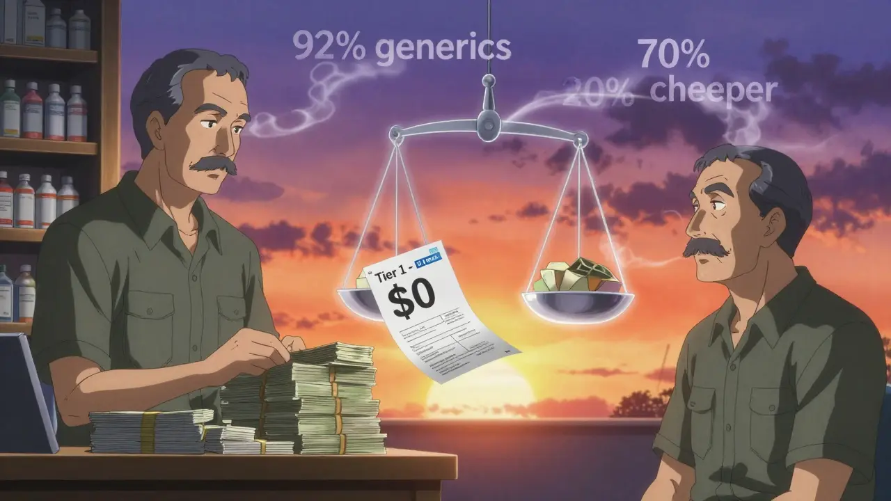 Split scene comparing high private pharmacy costs versus <h2>How Veterans Navigate the System: Real Stories</h2> VA copay for maintenance medications.