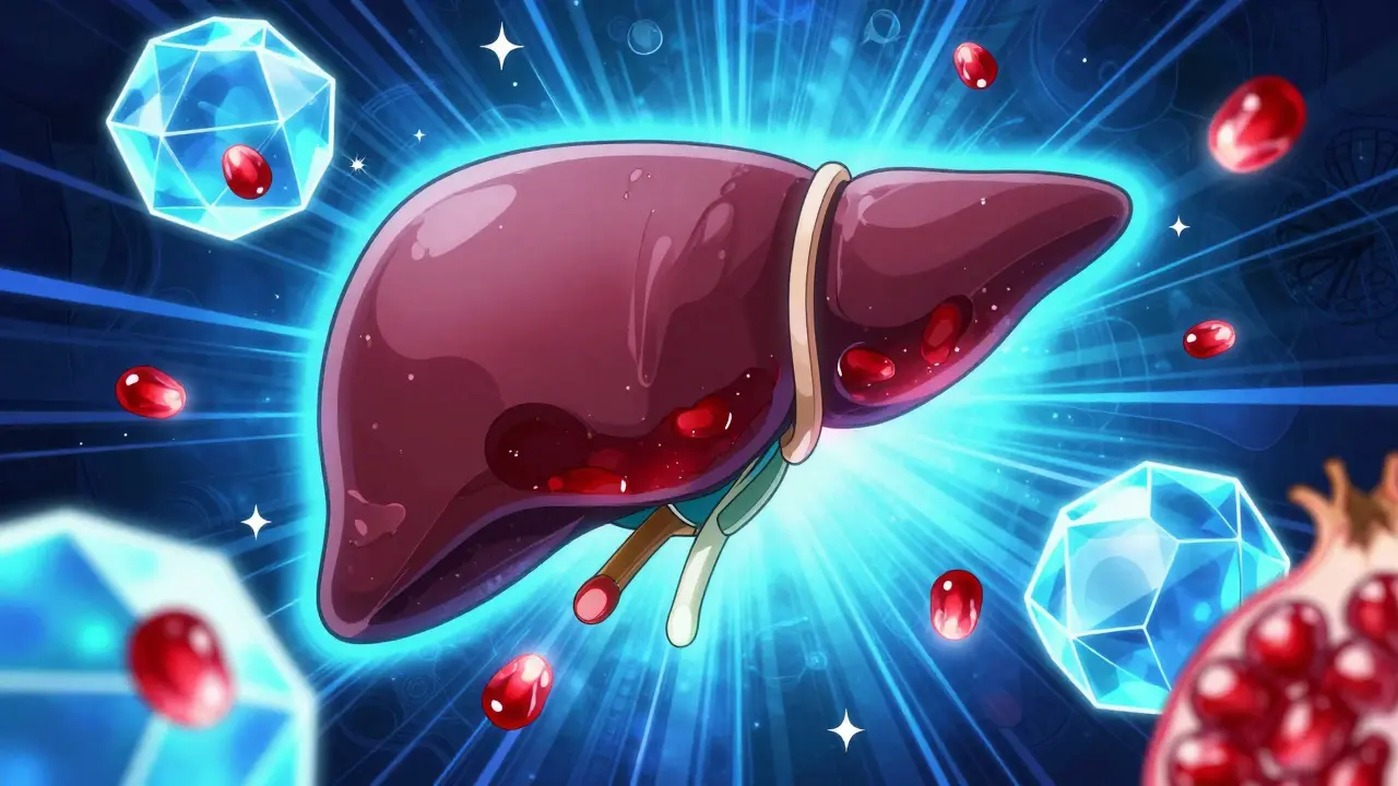 Stylized liver with enzymes interacting with red juice droplets.
