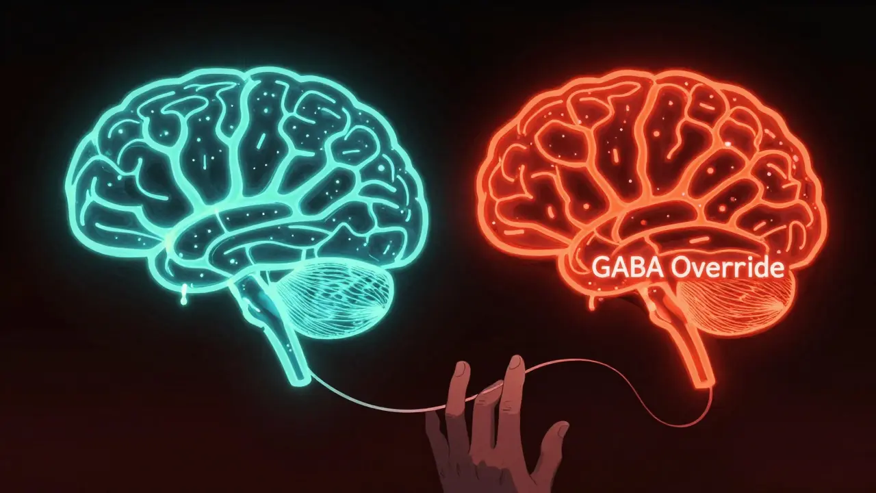 Two contrasting neural pathways in the brain: one natural and organic, the other choked by synthetic signals, illustrating drug disruption of sleep.