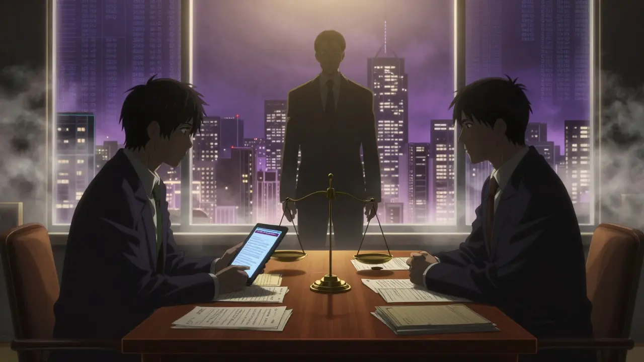 Two silhouetted negotiators facing across a table with scales and files.