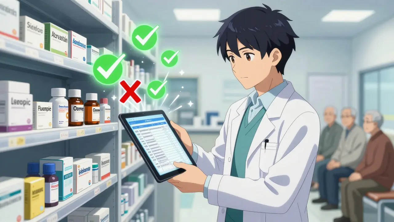 VA pharmacist reviews formulary tablet with generic drugs glowing green and brand-name drugs marked with red X.