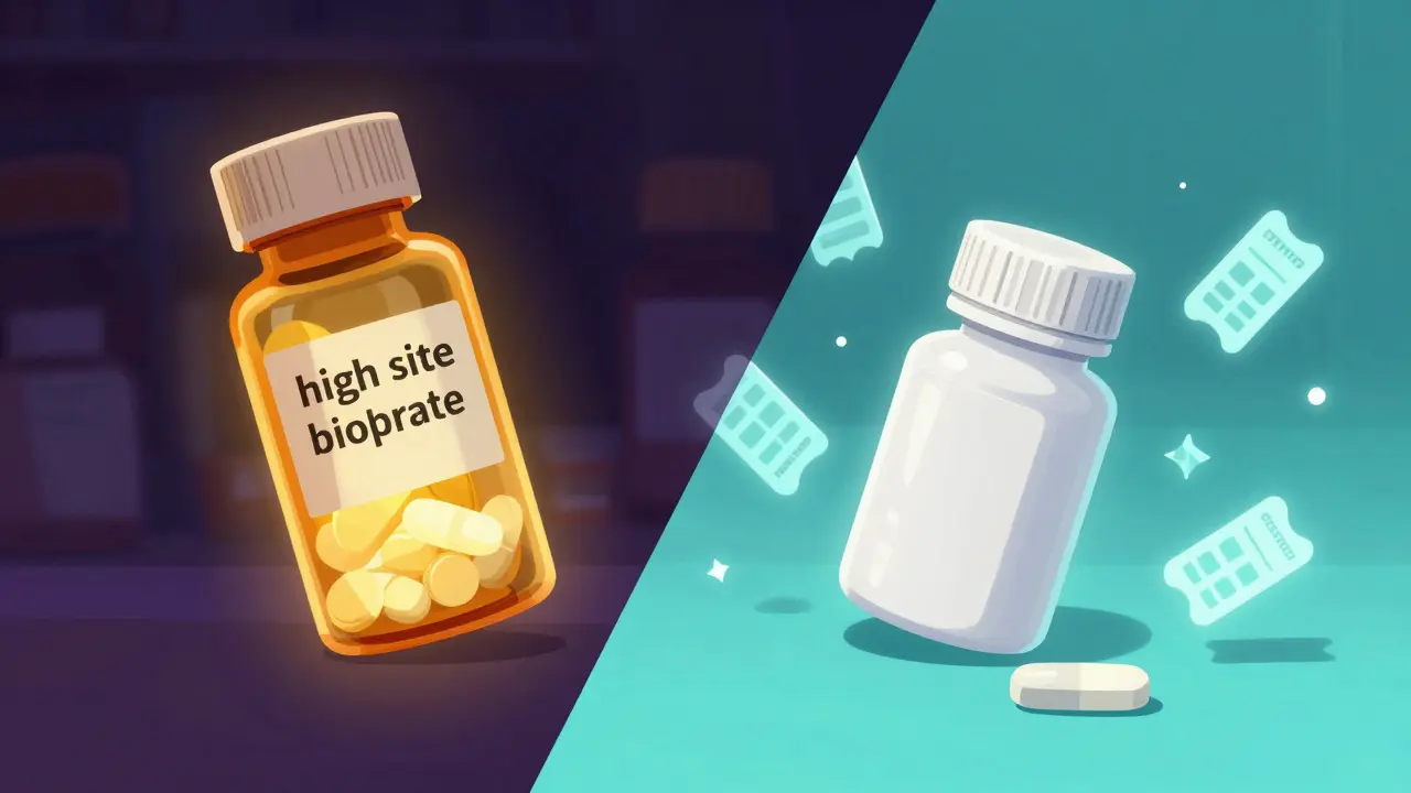 A conceptual split screen comparing a costly brand-name drug bottle with a cheap generic version.