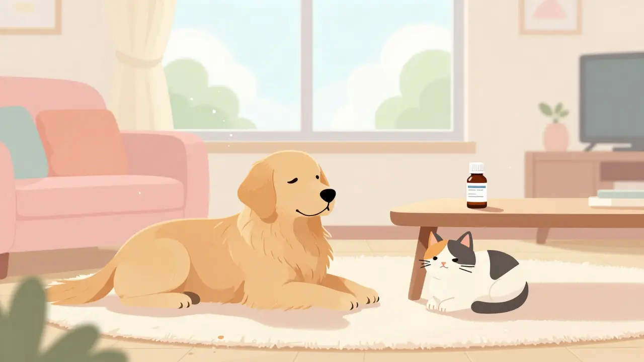A dog and cat resting peacefully in a stylized, brightly lit living room with pet medication.