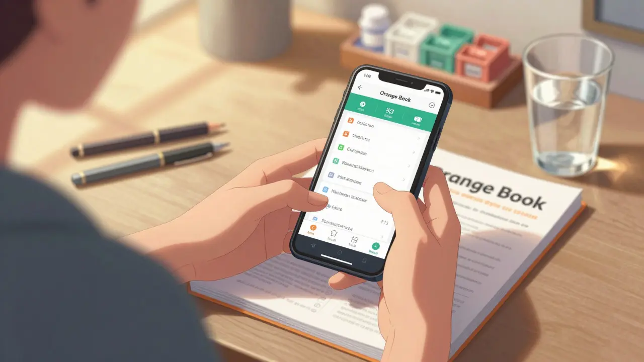 A person reviewing the FDA Orange Book and a pricing app to find cheaper medications.