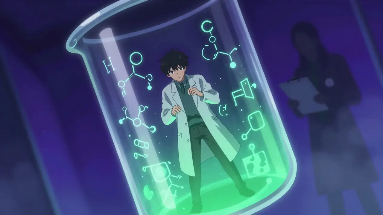 A scientist trapped in a glass beaker surrounded by abstract formulas and a shadowy regulatory figure.
