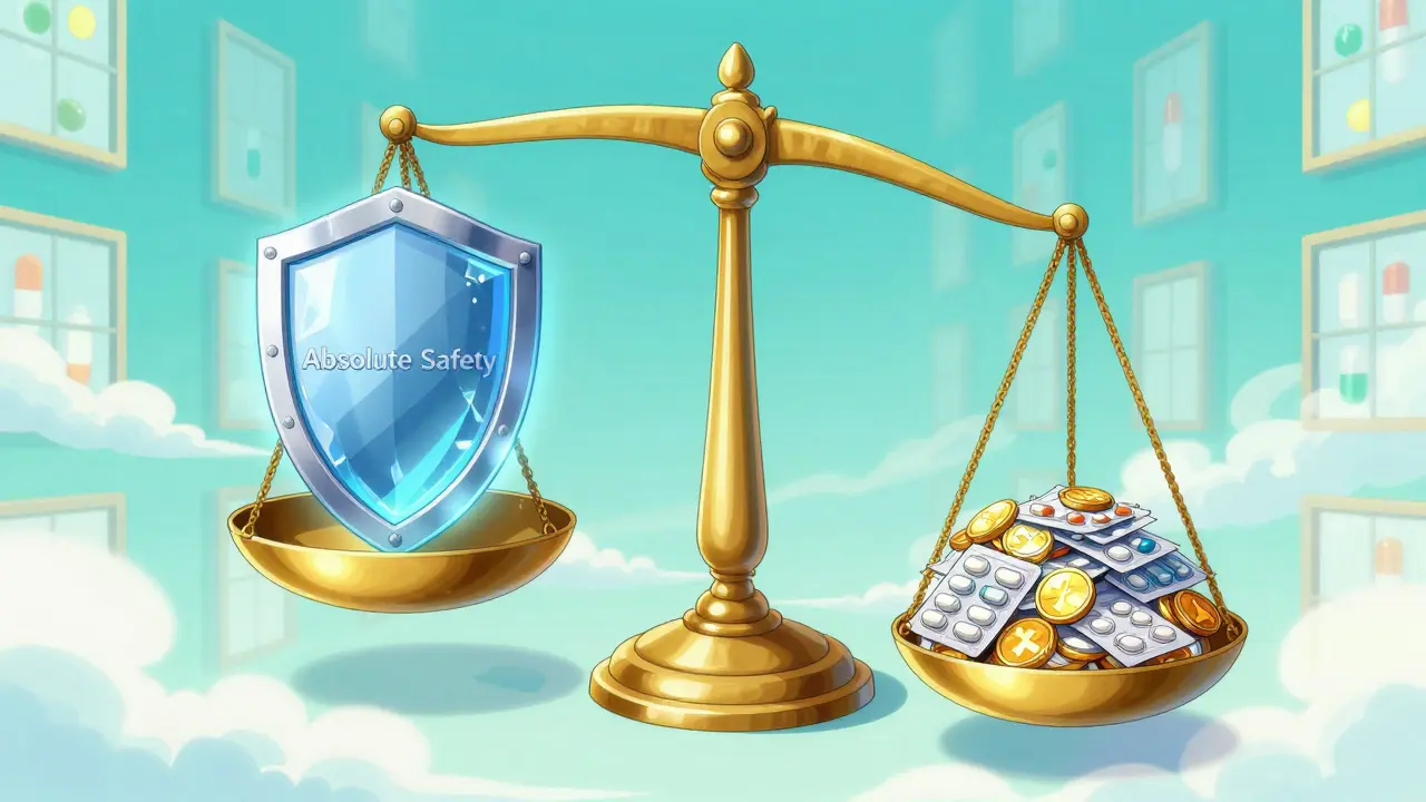 A surreal golden scale balancing a glowing safety shield and generic medications in a stylized environment.