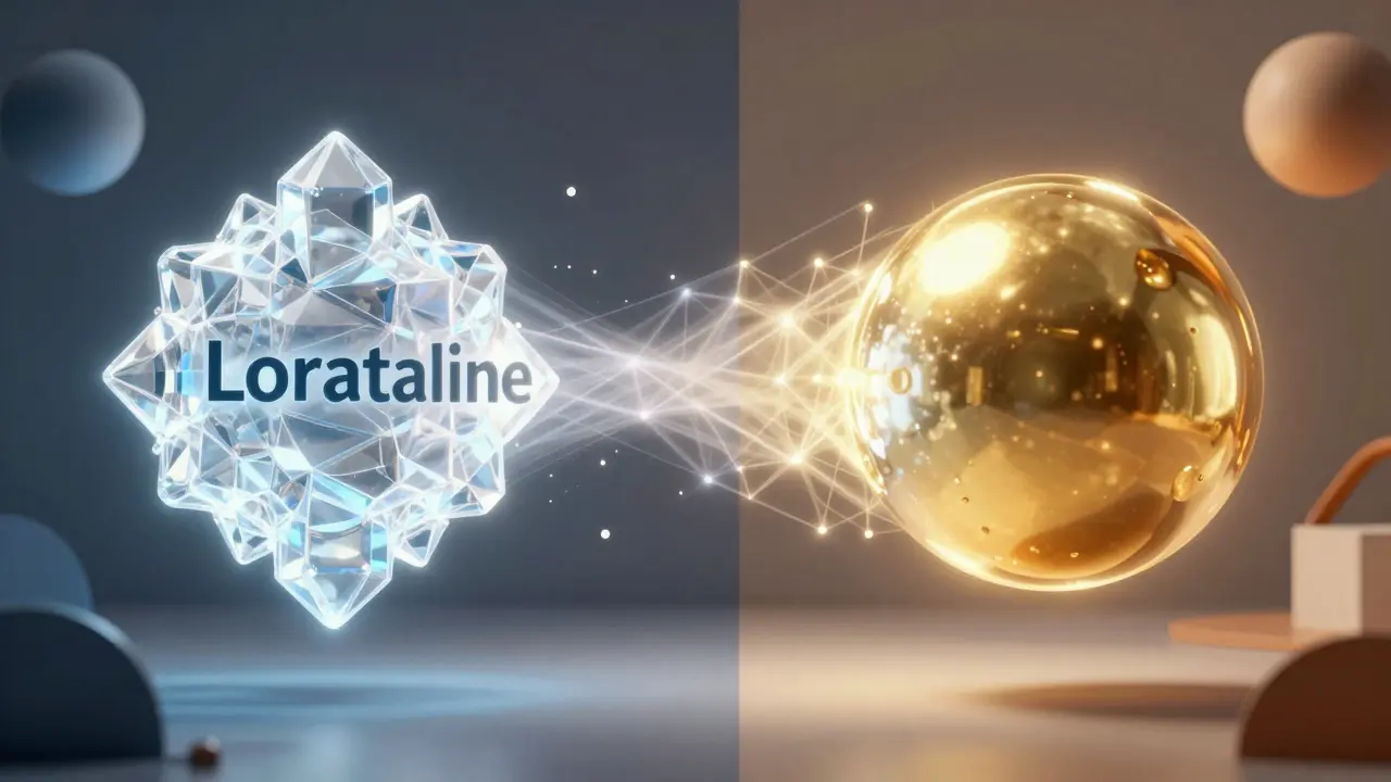 Abstract conceptual art showing the metabolic transformation of Loratadine to Desloratadine