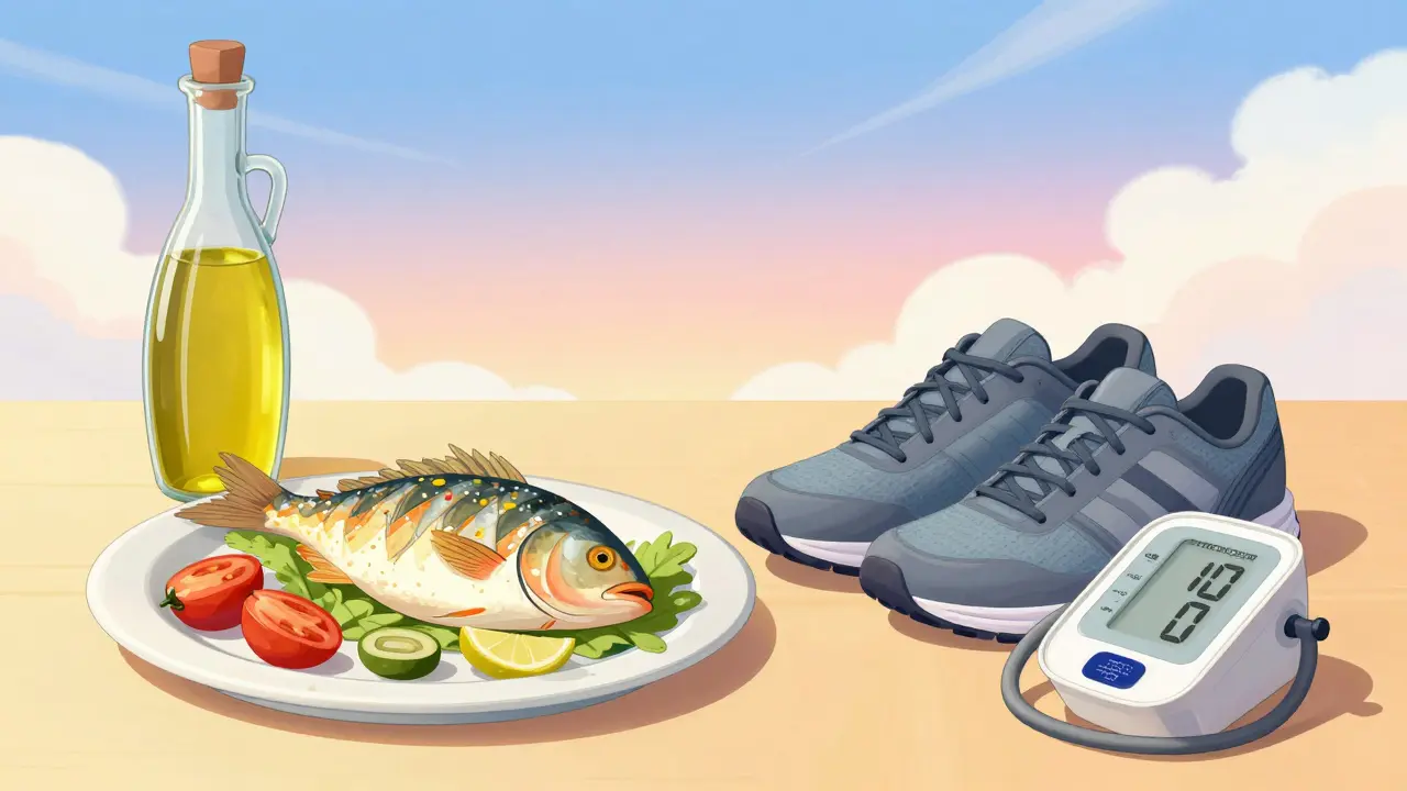 Anime illustration of healthy food and exercise tools for stroke prevention.