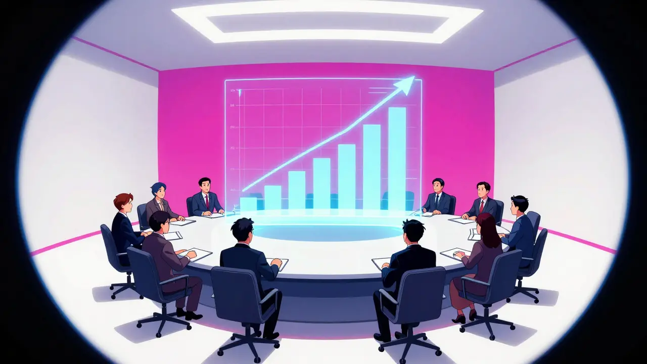Anime officials analyzing a holographic price chart in a surreal, minimalist boardroom.