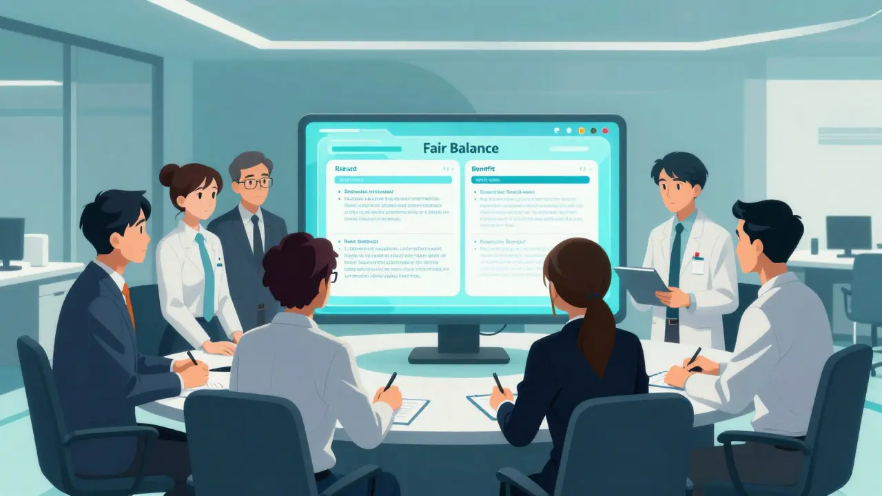 Anime pharmaceutical team reviewing a digital advertisement for regulatory compliance in a minimalist office.