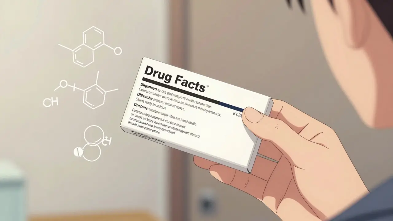 Anime style close-up of a person examining a drug facts label with abstract symbols
