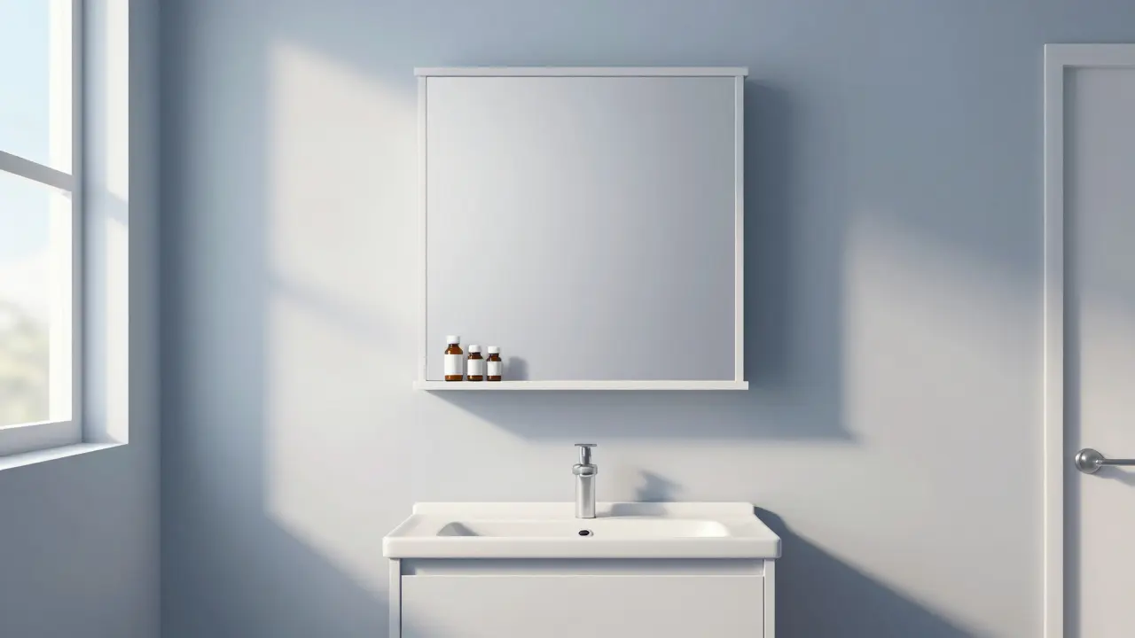 Anime style organized medicine storage in a cool, dry room with soft lighting