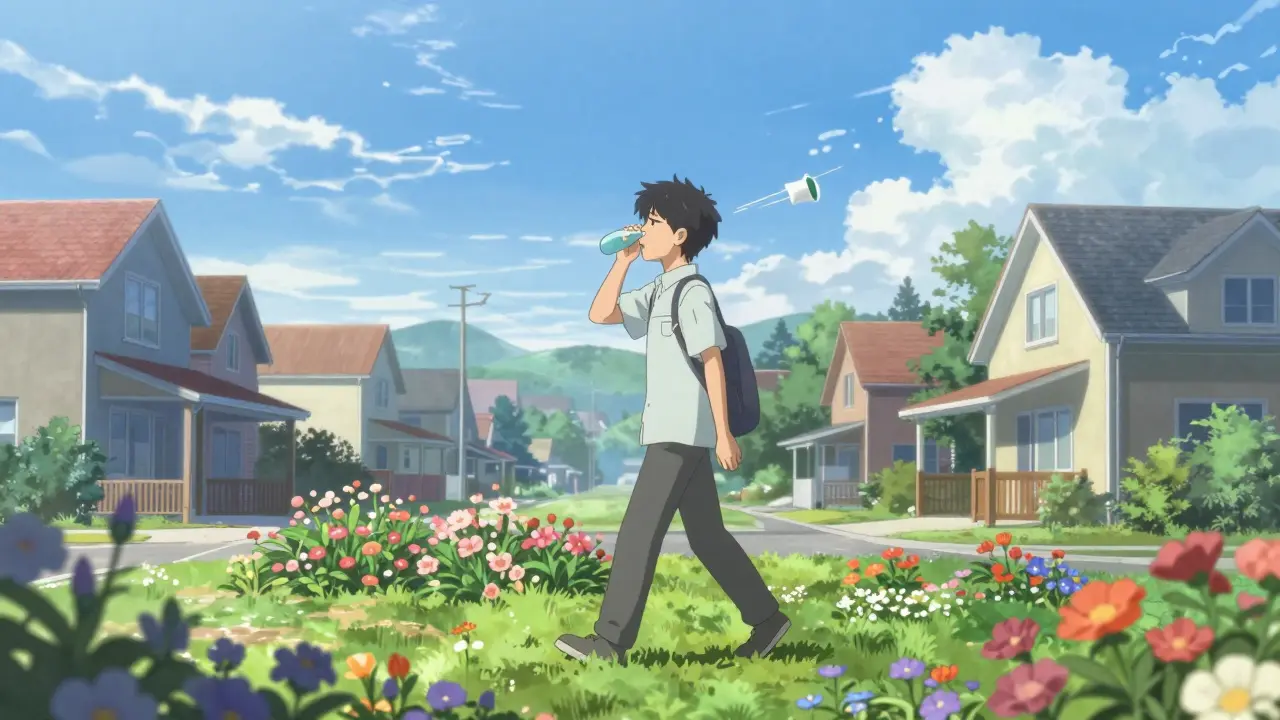 Cheerful person walking through a bright flower garden feeling relieved from allergies