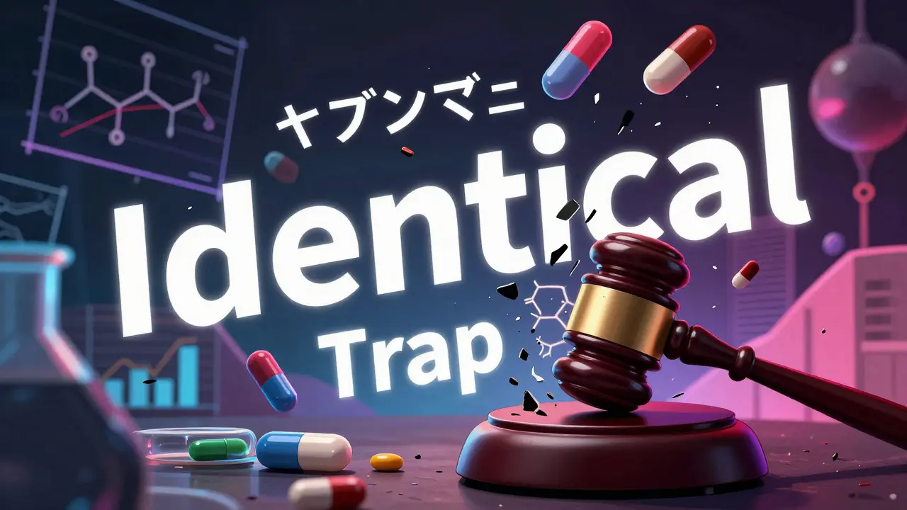 Conceptual anime art of a gavel shattering the word identical among floating chemical structures.