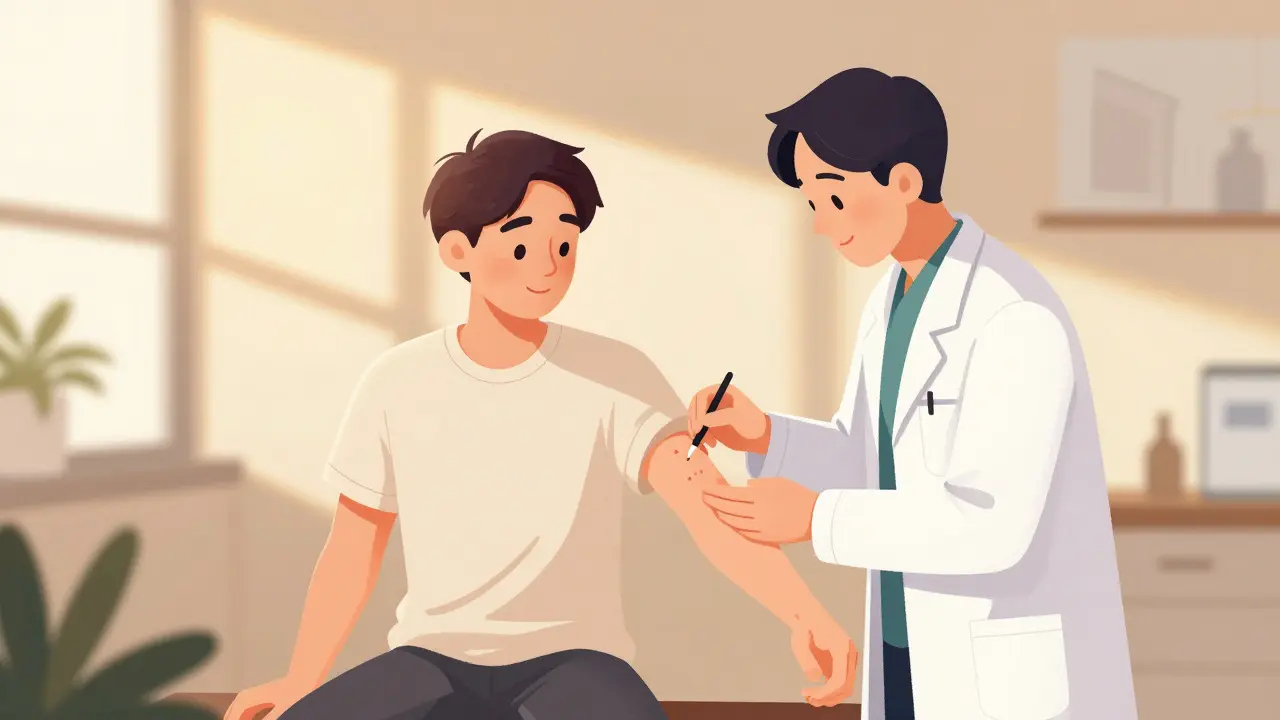 Doctor checking skin prick test marks on a patient's arm.