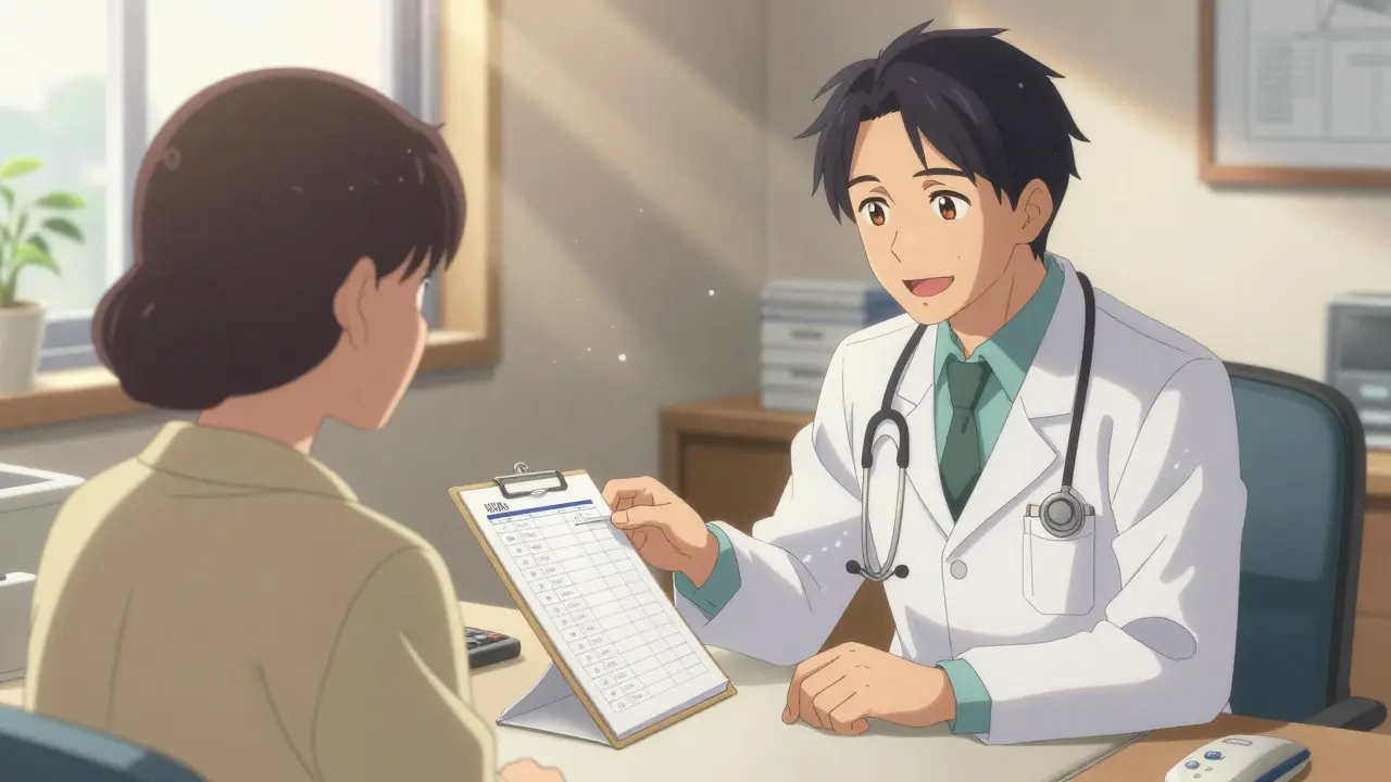 Patient and doctor having a supportive conversation about medication costs in an office