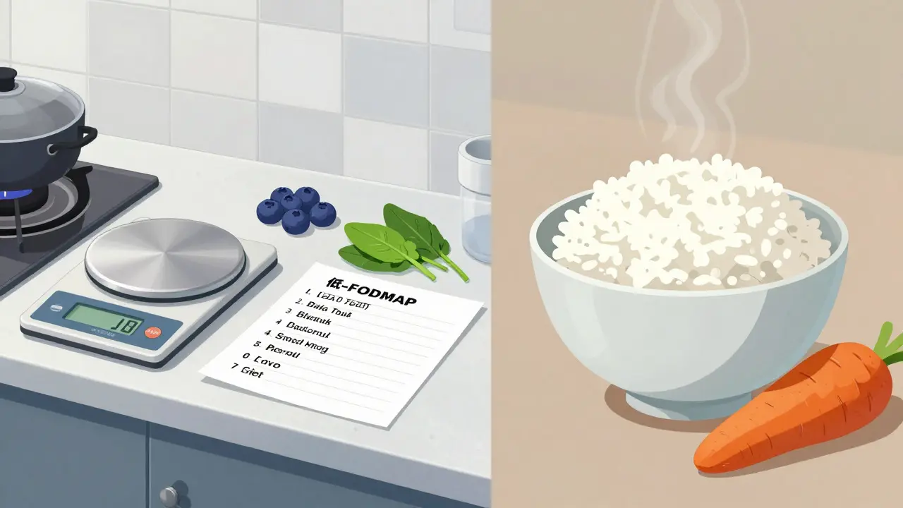Split-screen anime view of a precise low-FODMAP setup and a simple low-residue meal.