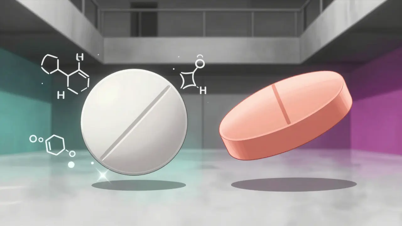 Split-screen comparison of a white round pill and a peach oval pill showing chemical similarity