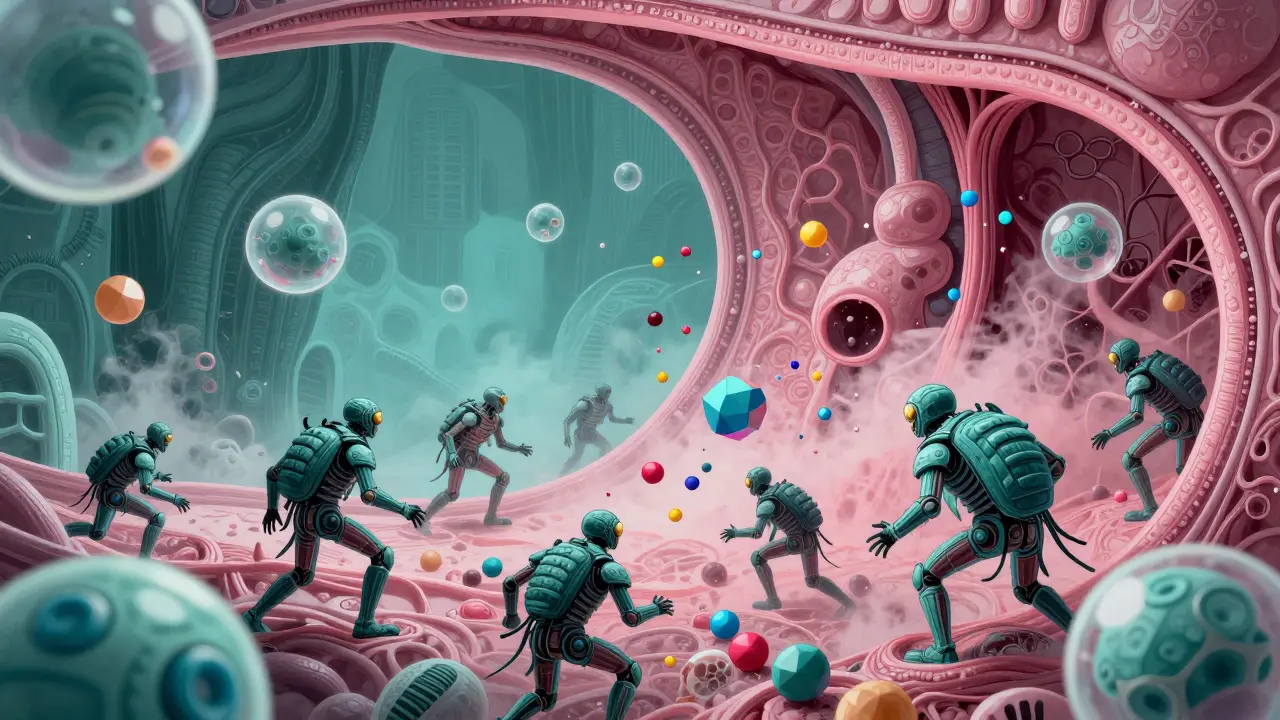 Stylized immune cells fighting drug particles inside the body.