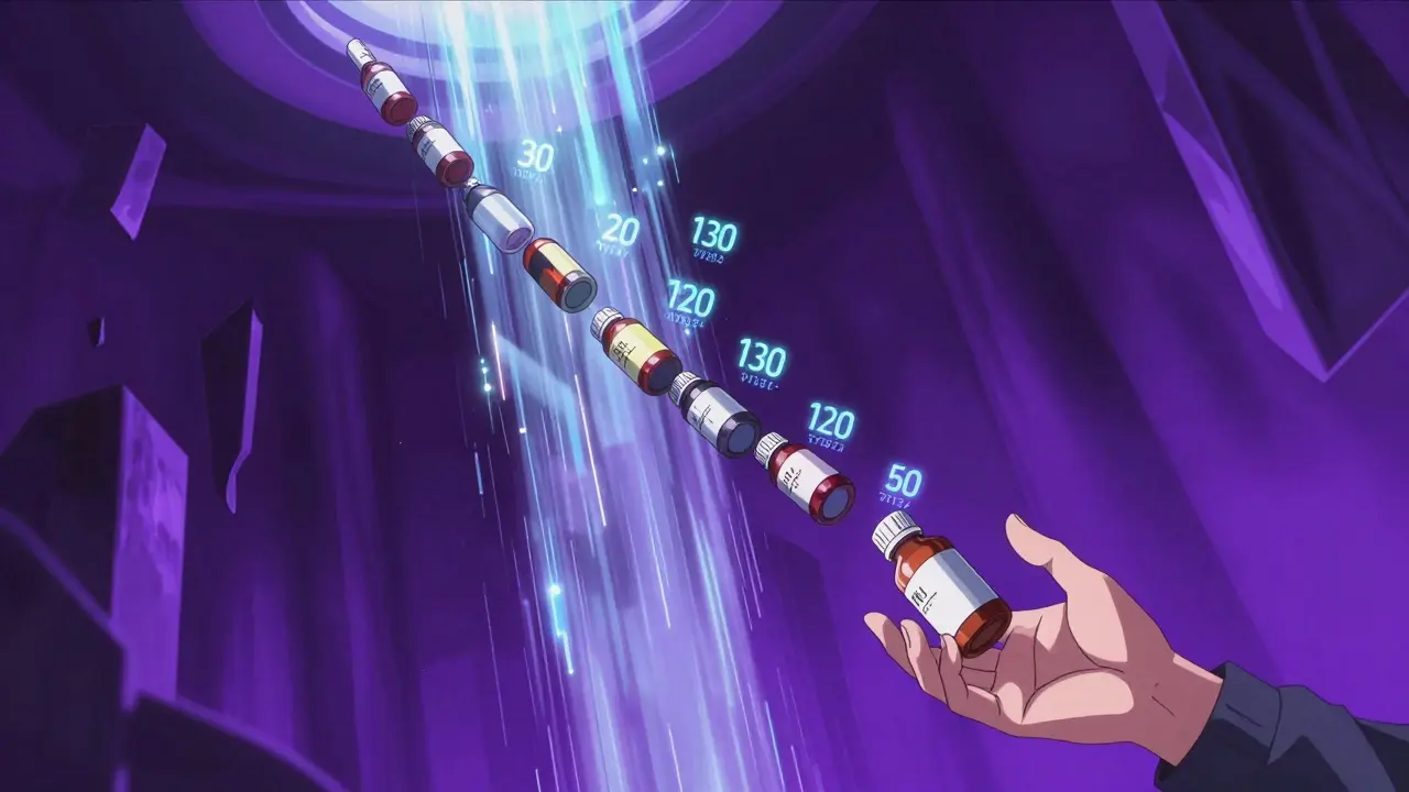 Stylized pharmacy bottles falling with rapidly decreasing price numbers in a surreal space.