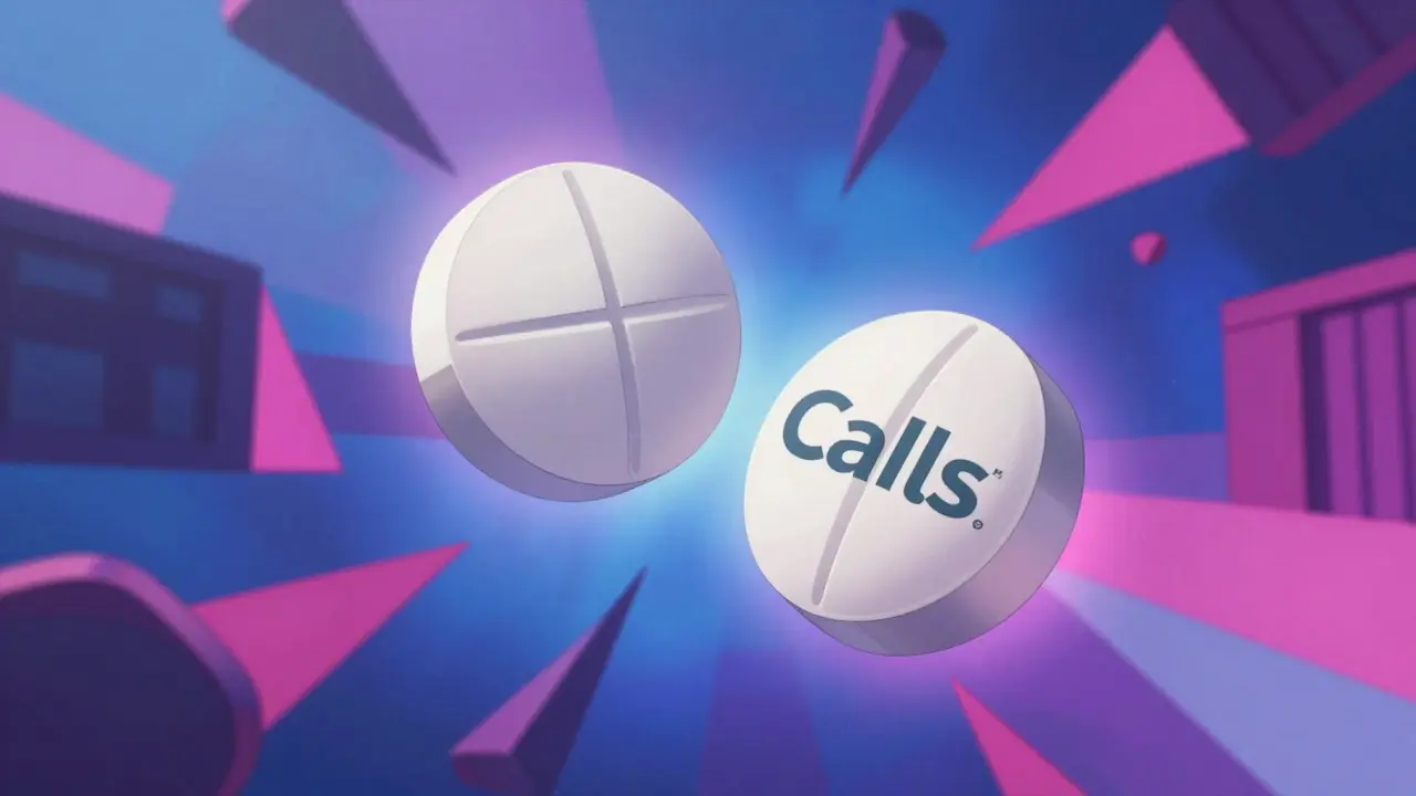 Two identical medical pills floating in a surreal, colorful abstract space