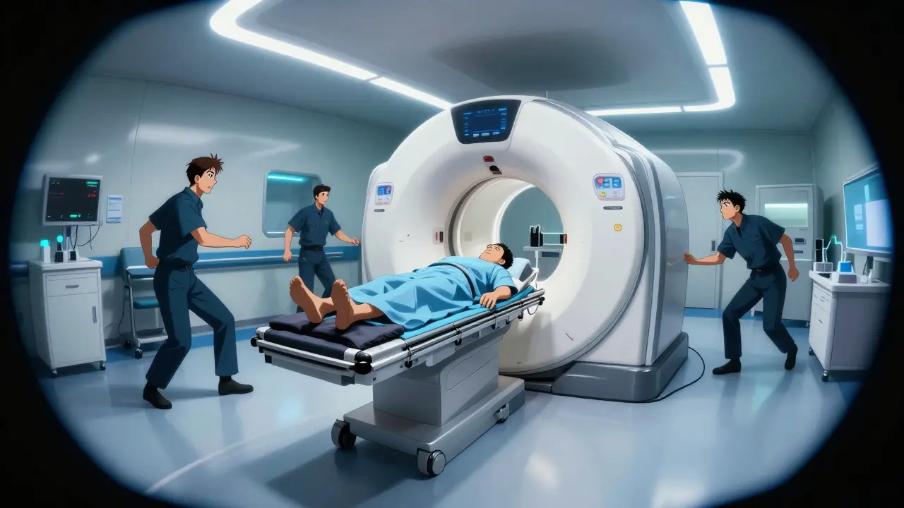 Urgent hospital scene in anime style with a patient being rushed to a CT scanner.