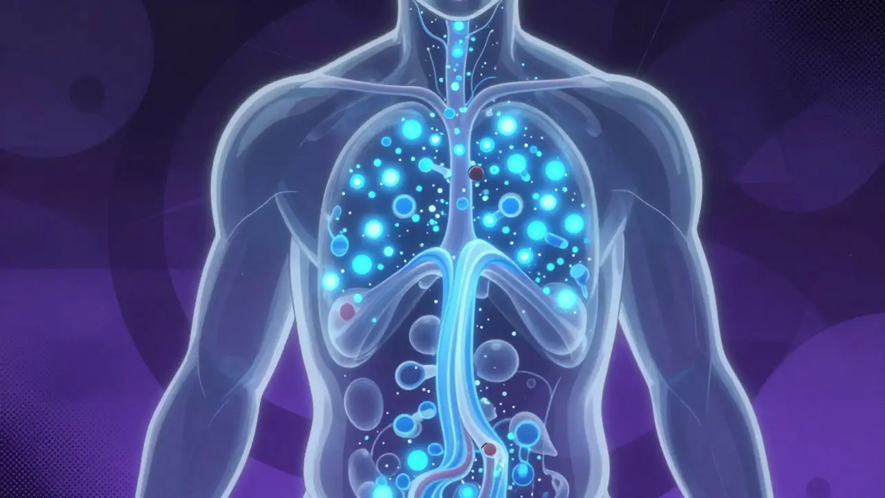 Abstract anime art showing identical drug particles merging in the bloodstream.