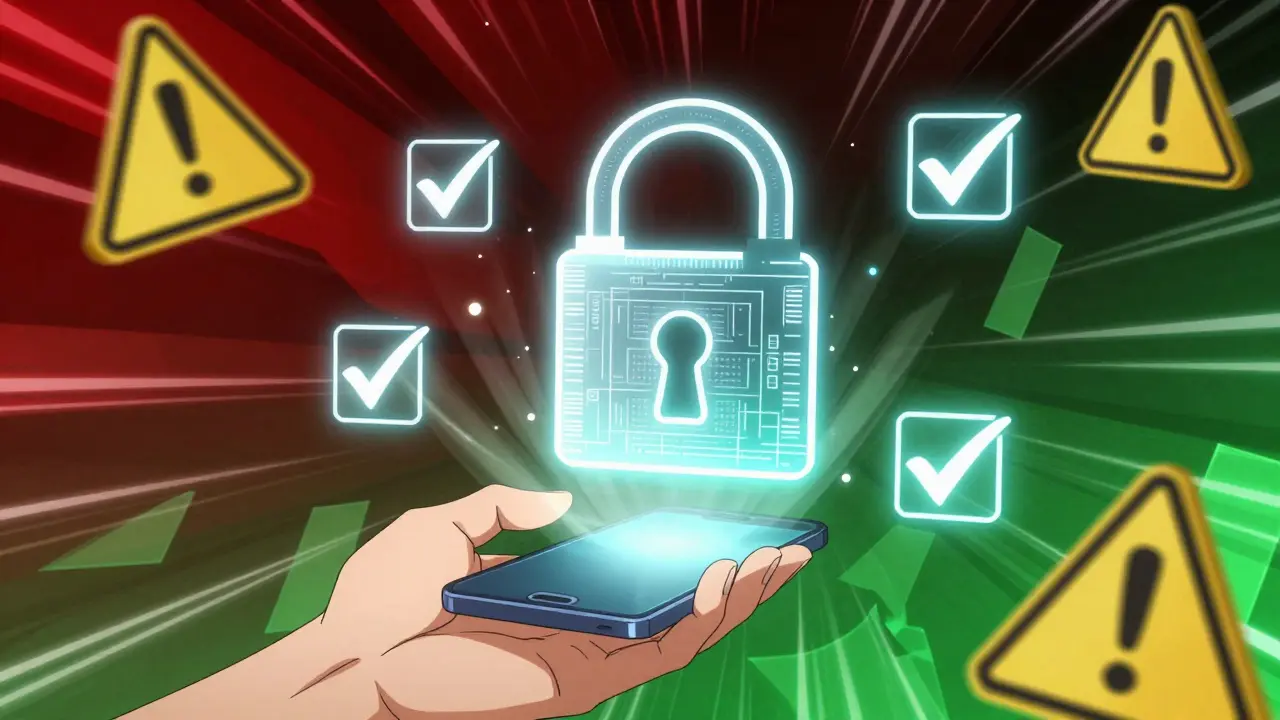 Abstract digital lock and safety symbols for pharmacy verification