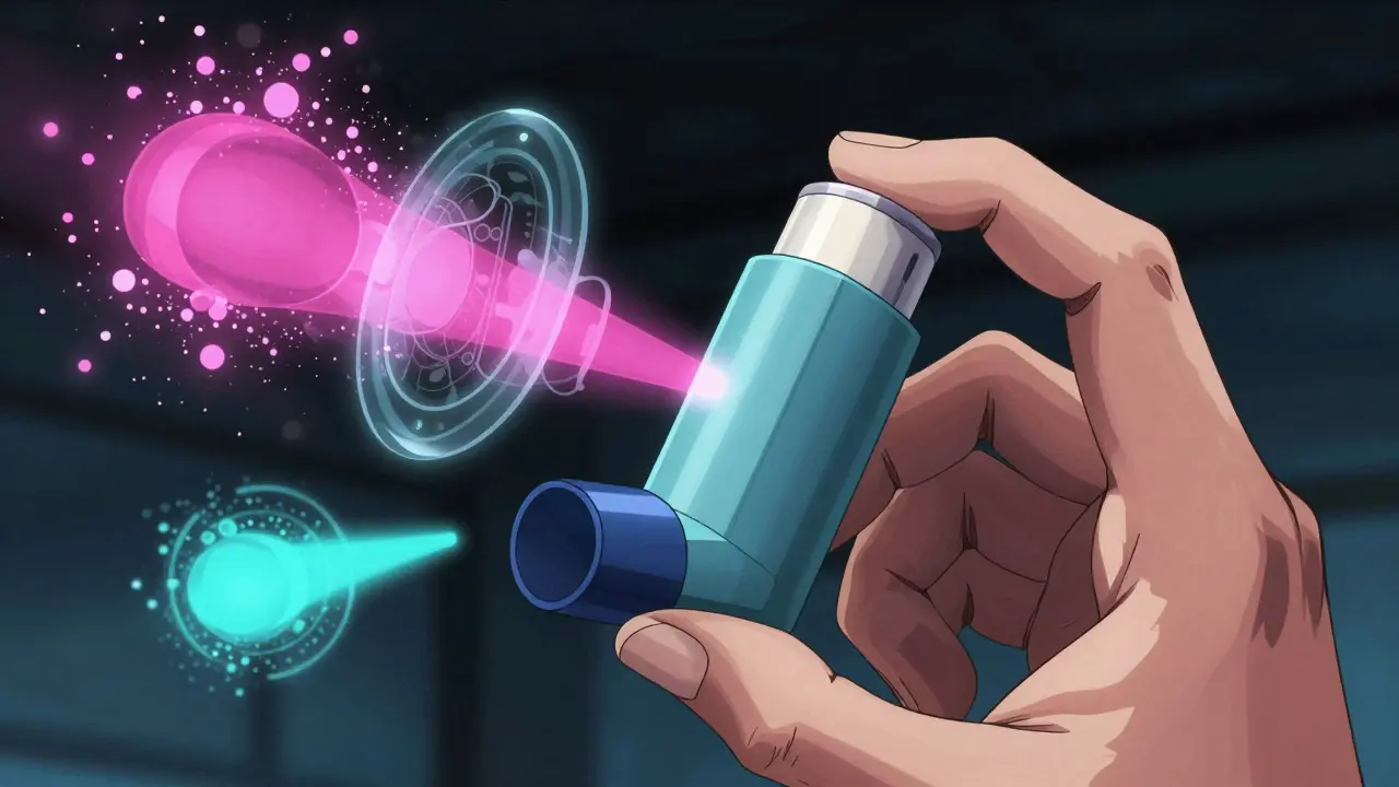 Close-up of an inhaler with neon visualizations of particle dispersion mechanics.