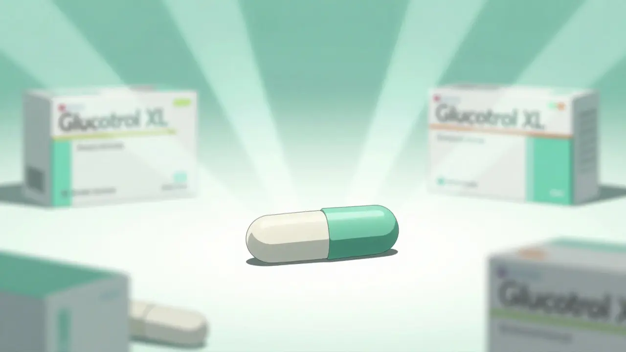 Close up of Glucotrol XL tablet with abstract health and cost symbols