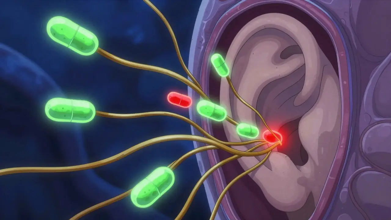 Conceptual anime art showing medication damaging inner ear balance cells.