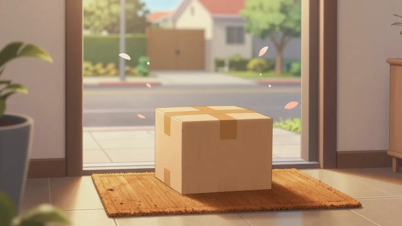 Discreet unmarked medicine package delivered to home door in anime style