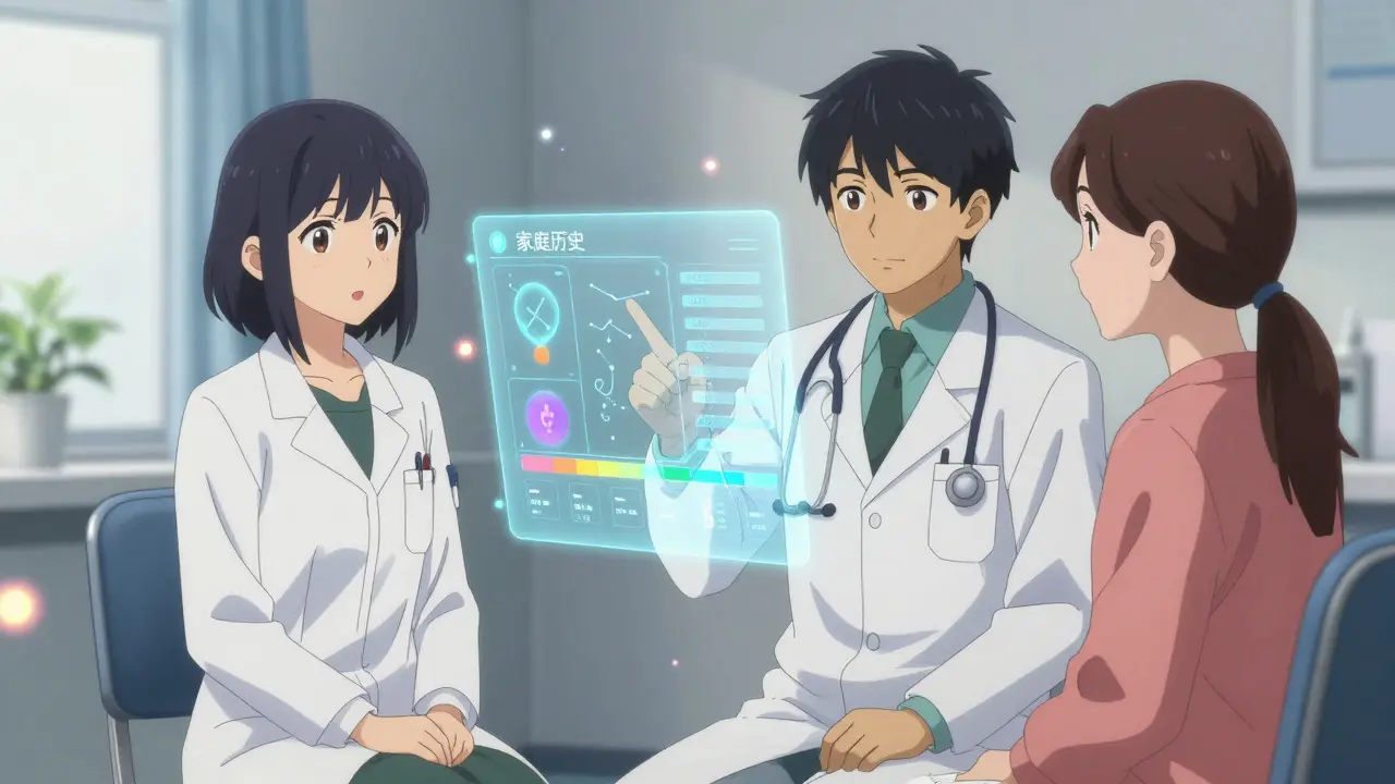 Doctor and patient reviewing a holographic genetic test result in a clinic setting.