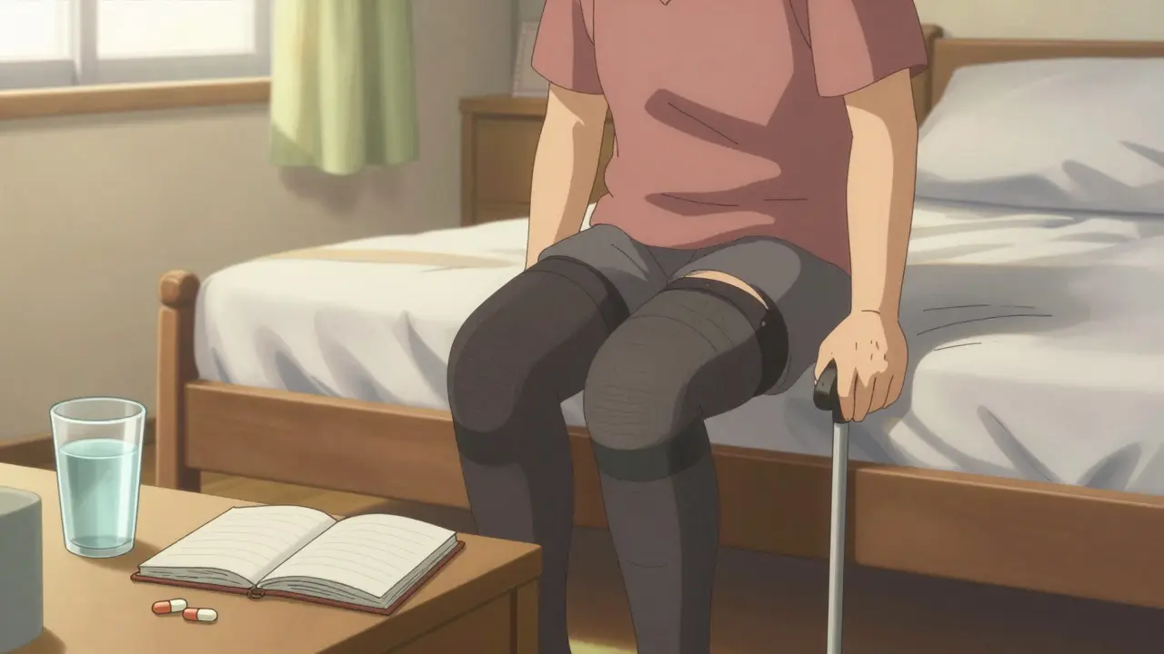 Elderly person pausing safely on bed edge with symptom diary nearby.