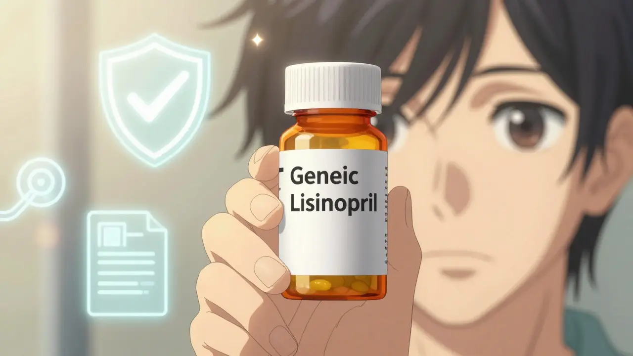 Hand holding lisinopril bottle with safety shield icons