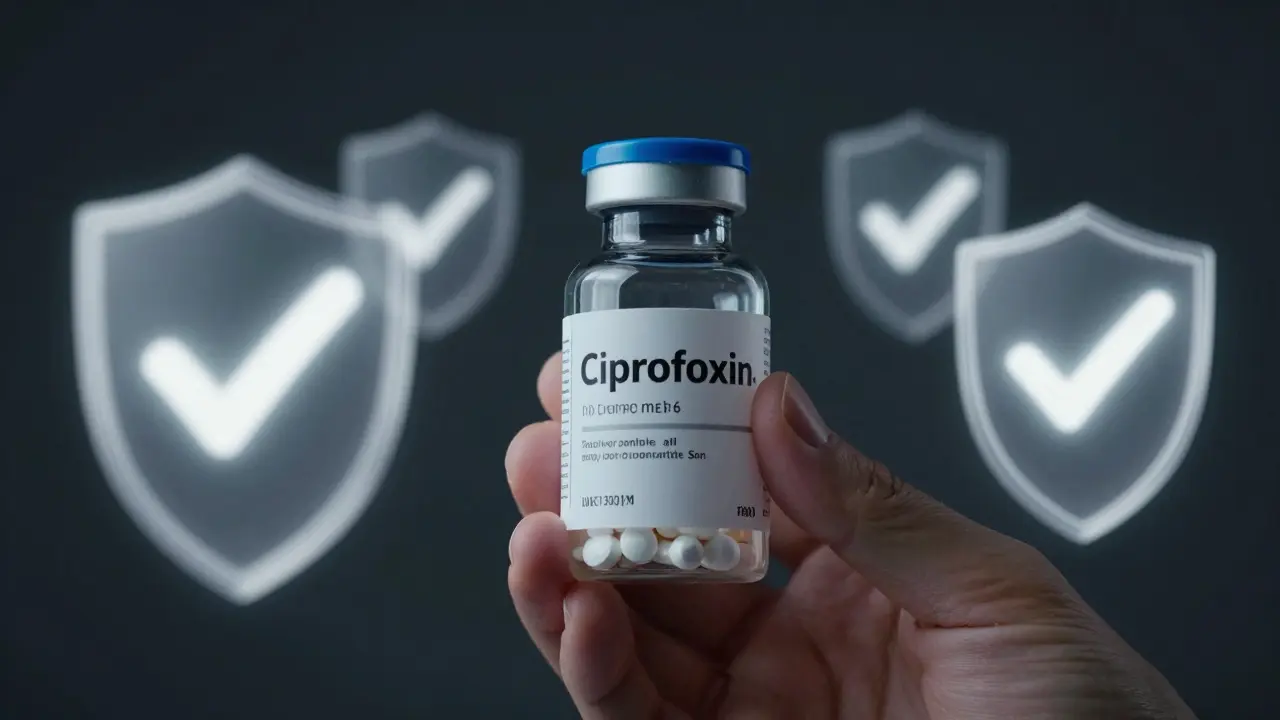 Hand holding safe antibiotic bottle with light shield
