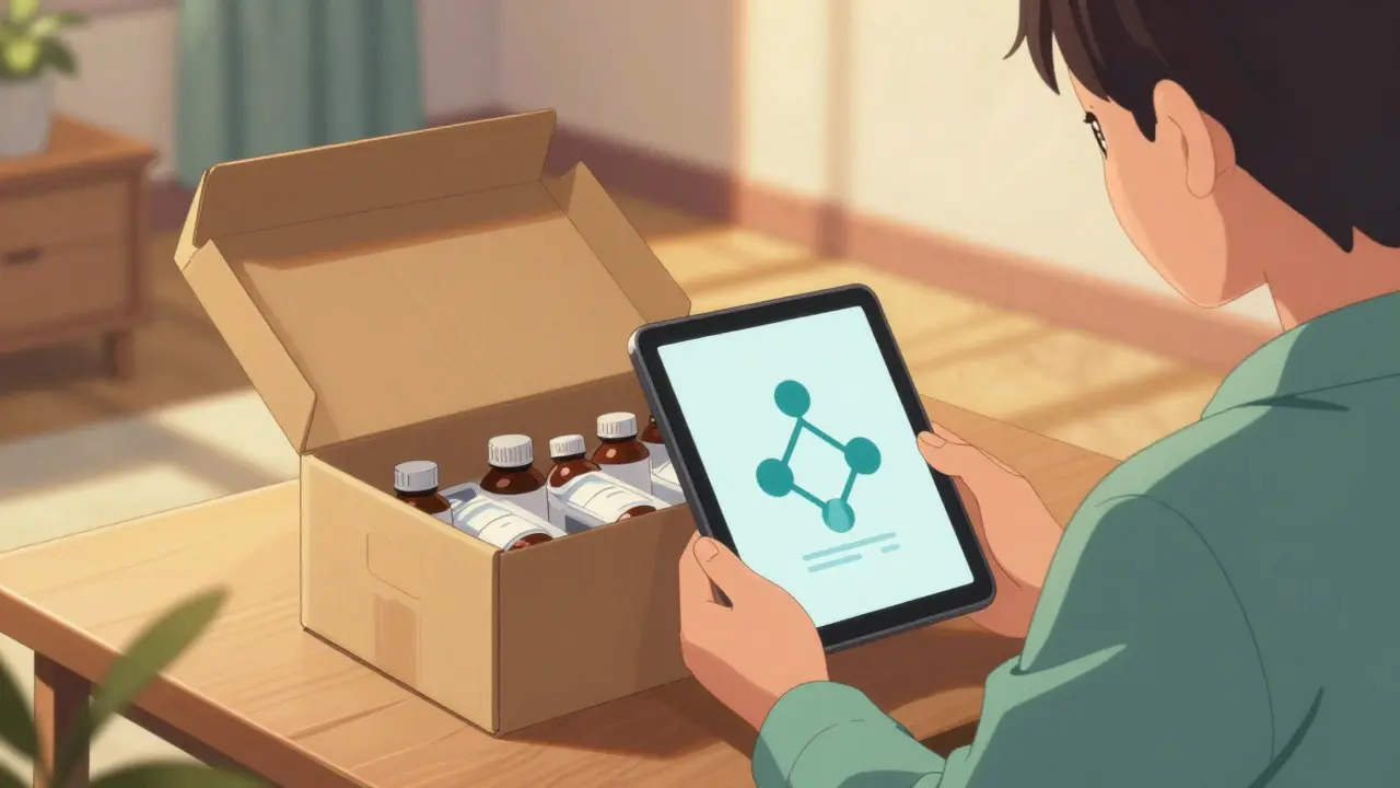 Happy person receiving safe medication delivery at home