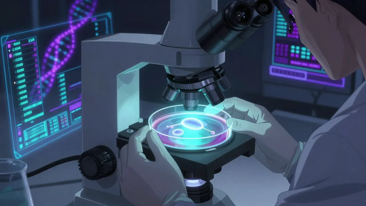 Scientist handling eggs in high-tech fertility lab with data visuals