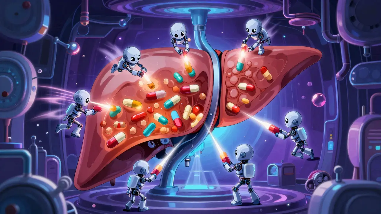 Stylized anime depiction of liver enzymes processing drugs at different speeds inside a cell.