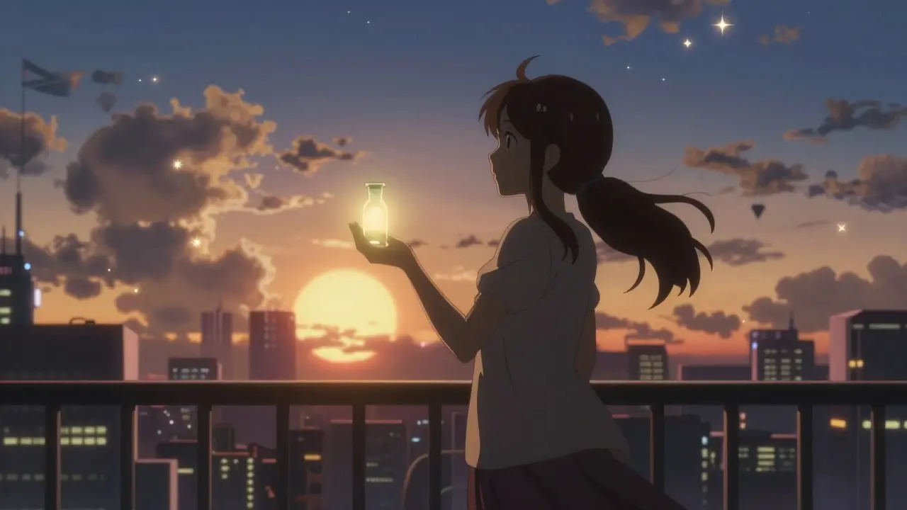 Woman holding glowing vial on balcony symbolizing hope for future