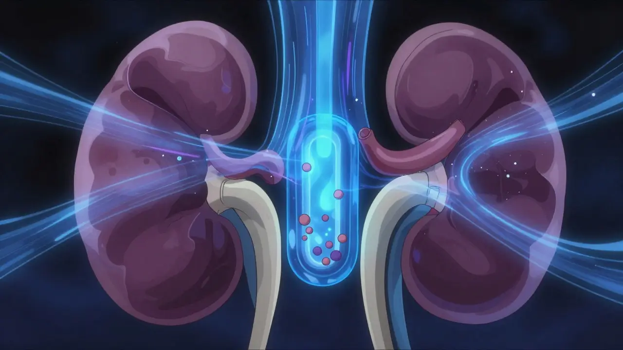 Abstract stylized kidneys filtering blue fluid with trapped particles