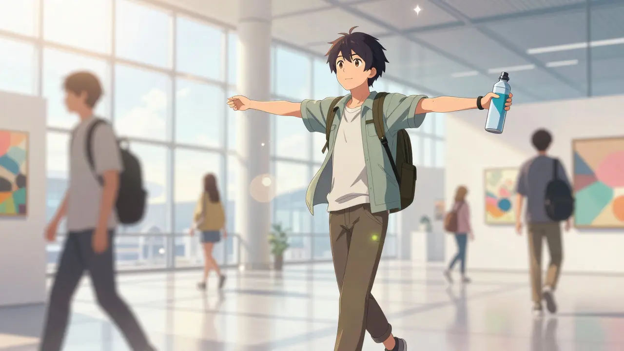 Anime character walking and hydrating in bright airport gallery