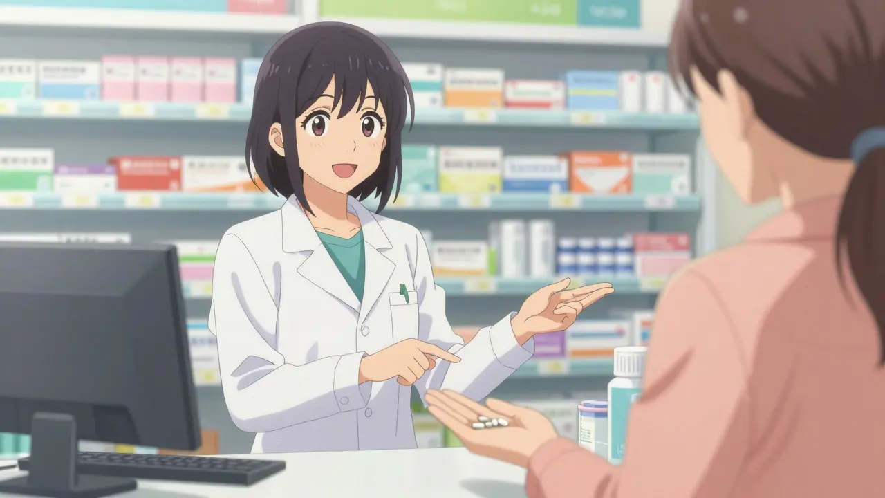 Anime pharmacist advising patient on safe generic medication choice