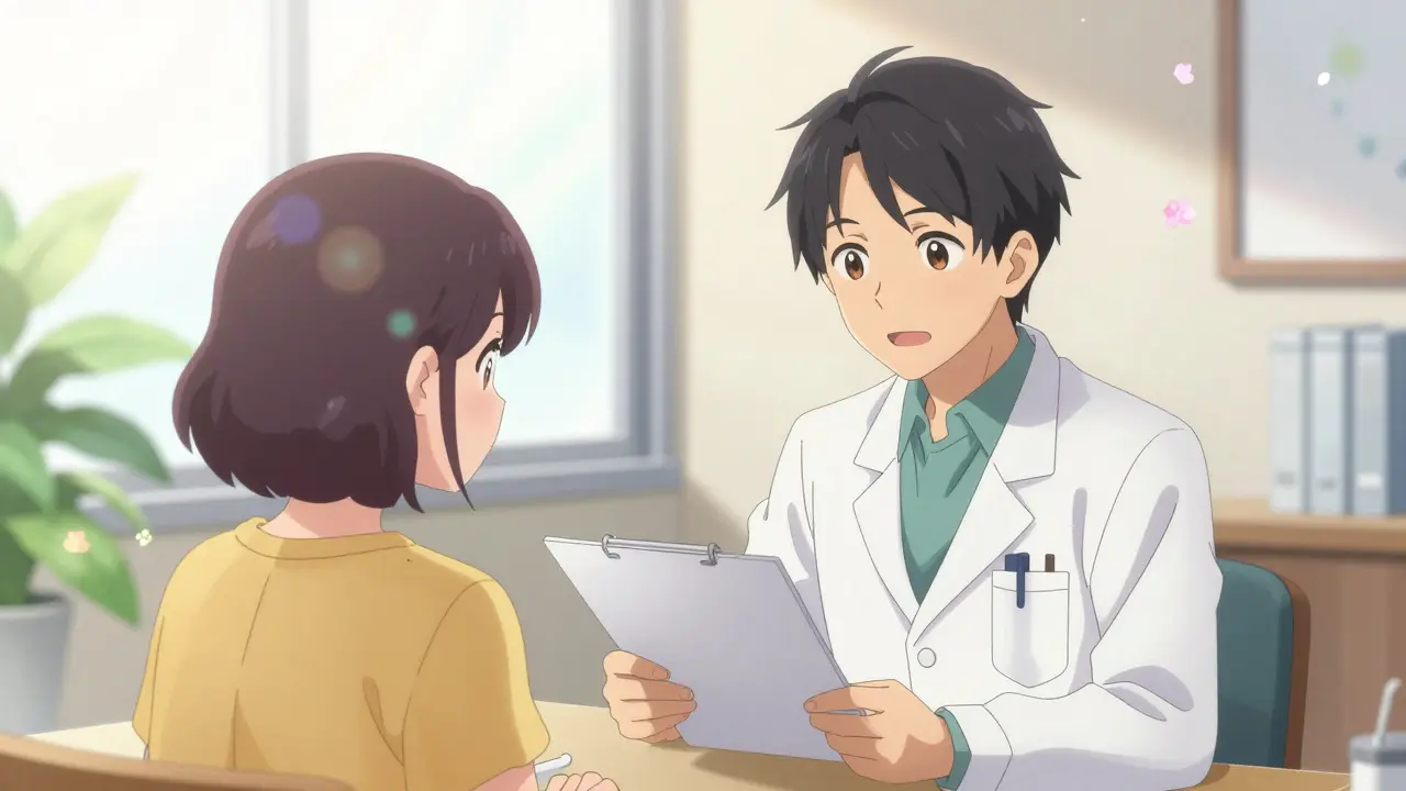 Calm anime scene of a doctor and patient discussing care in a bright room