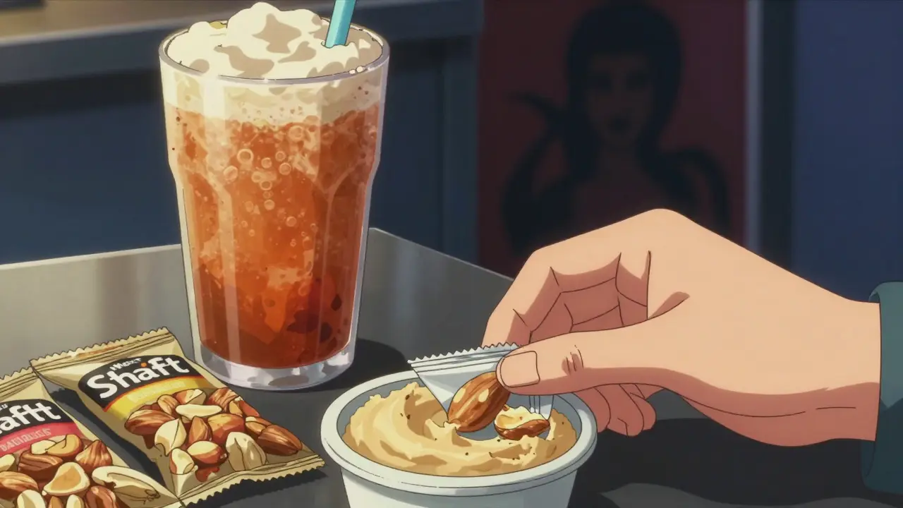 Close up of hands picking low-calorie snacks over sugary drinks