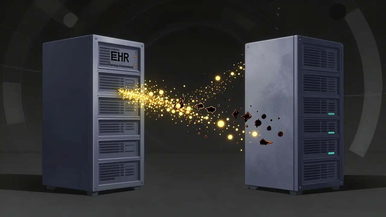 Data streams flowing between two stylized server towers