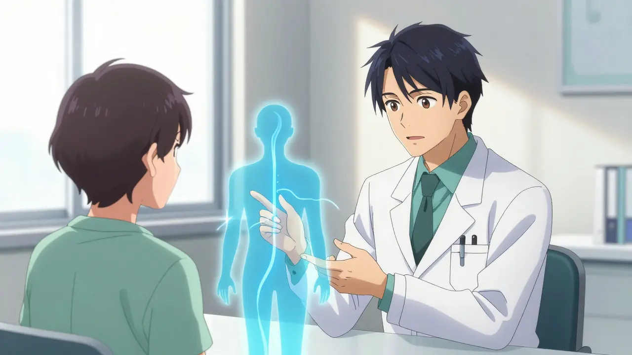 Doctor explaining insulin flow with abstract visuals