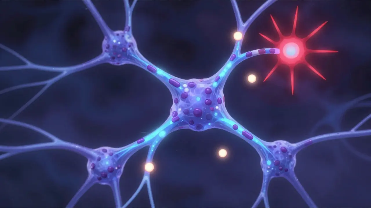Glowing blue neural synapses calming red pain signals in brain
